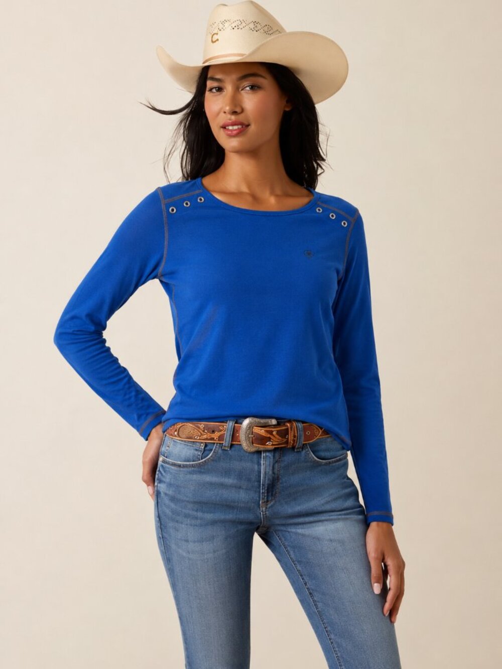 Ariat Womens Snap Tee Top Size Large Stretch Blue Knit Long Sleeve Western